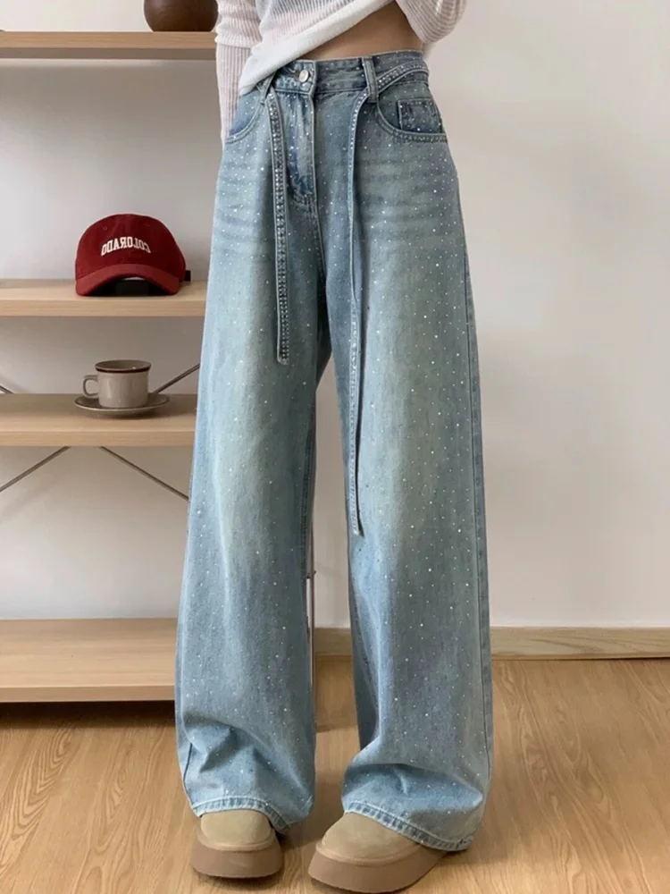 

plus Size American Sle Rhinestone Denim High Waist Straight Leg Wide Leg Pants for Pear aped Women Autumn Casual Wear