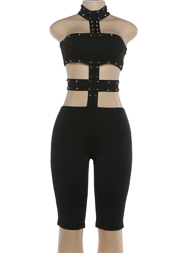 Kliou Irrégulier Creux Sexy Combishorts Femme Halter Col Roulé Rivet Décoration Dos Nu Skinny Pêche Hanche Minuit Fête Clubwear