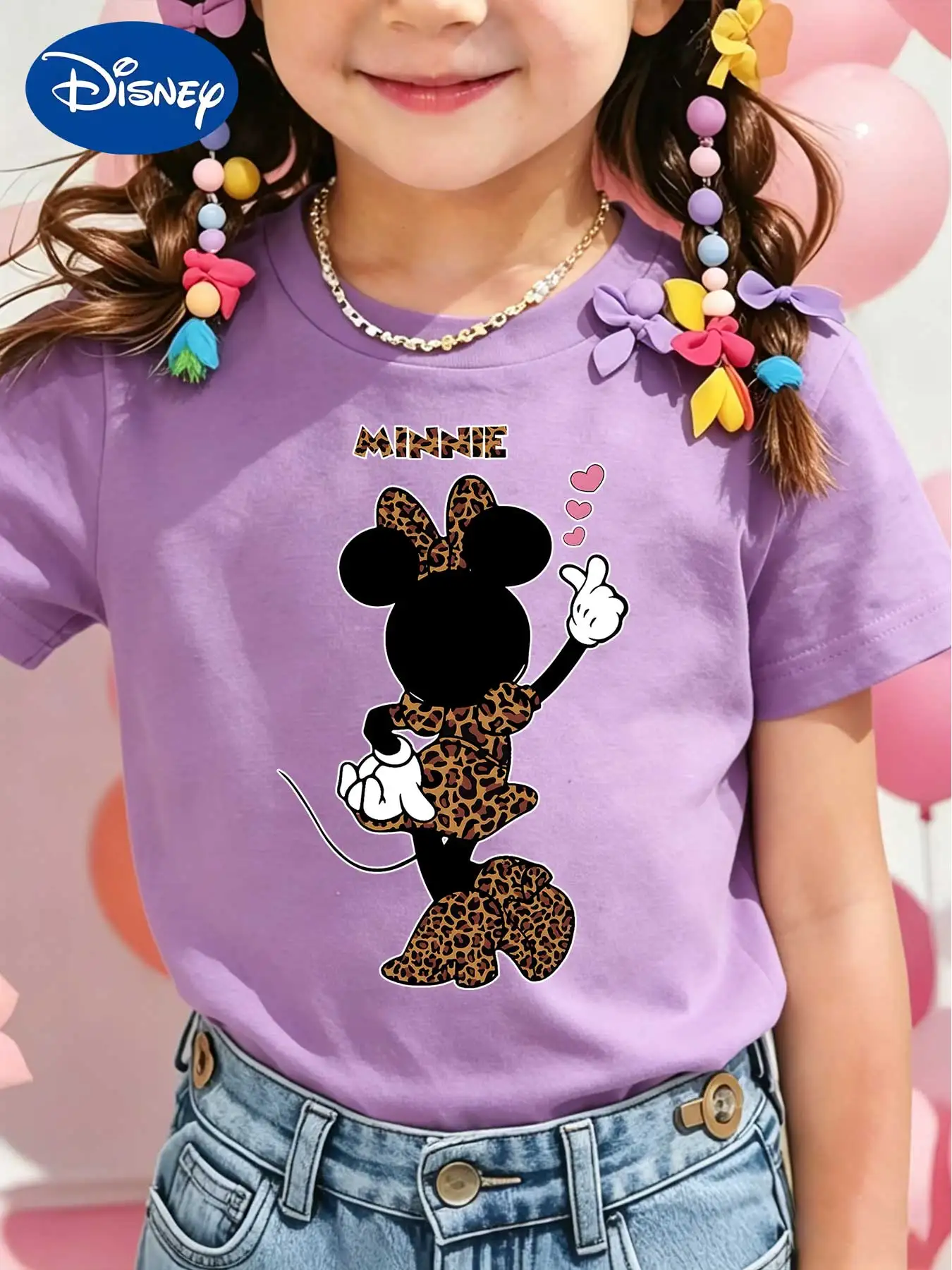 Camiseta infantil de manga corta con estampado de silueta de Minnie Mouse de Disney, top de verano holgado y bonito para niñas.