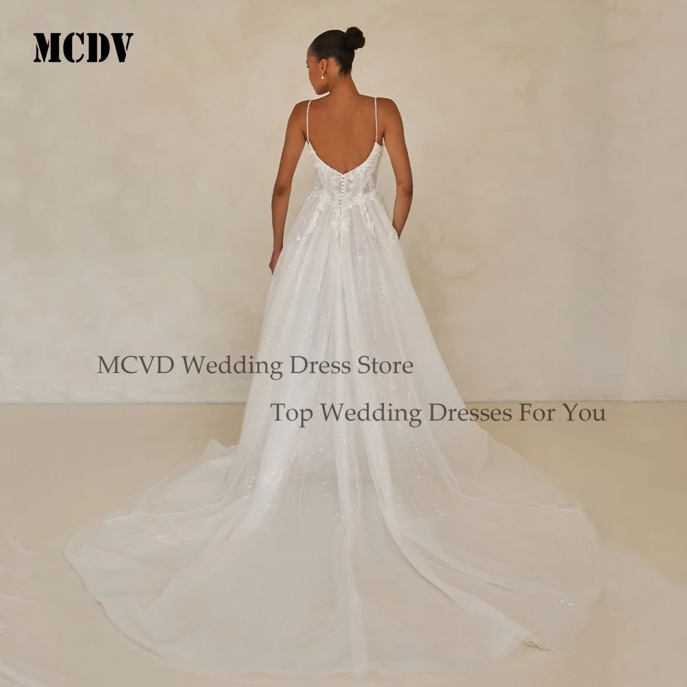 MCDV-vestidos de novia con tirantes finos, vestido de novia de tul con cuentas brillantes, apliques sin espalda divididos, vestidos de novia brillantes personalizados