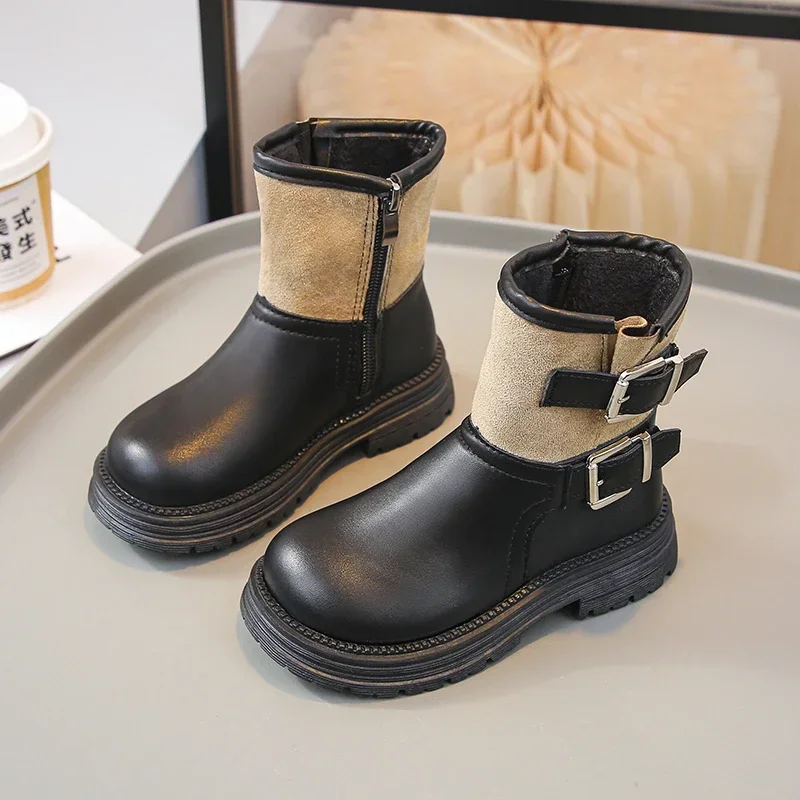 Girls Spliced Biker Ankle Boots, PU Faux‑Suede Mix Decor Buckle Plush‑Lined Inner Zipper Thick Sole Winter Boots
