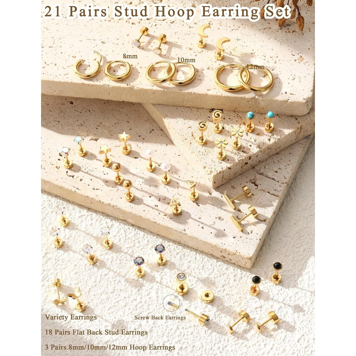 FASACCO 1PC Surgical Steel Flat Back Earrings Hypoallergenic 20G Screw Back Cartilage Multi Piercing Sensitive Ears Jewelry Gift