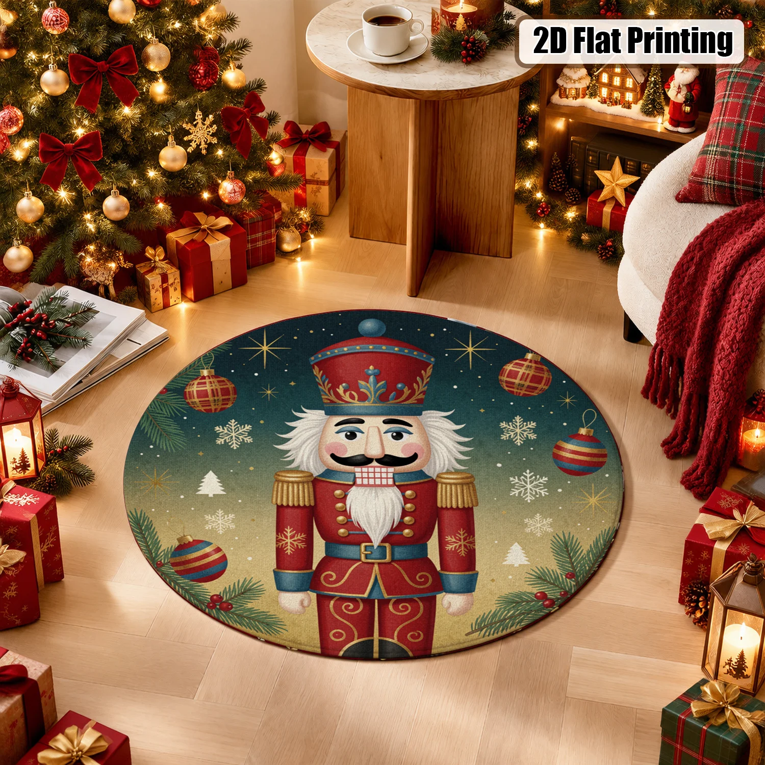 Nutcracker Christmas Snowflake Bauble Round Velvet Rug Machine Washable For Living Room Bedroom Dining Entryway Halloween Thanksgiving Christmas New Year