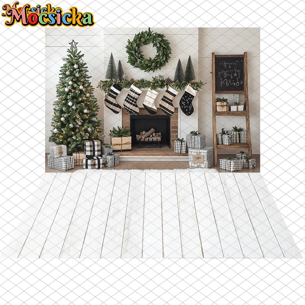 Mocsicka Weihnachten Fotografie Hintergrund Kind Familie Festival Party Hintergrund Home Weihnachtsbaum Weiß Kamin Muster Dekor Banner