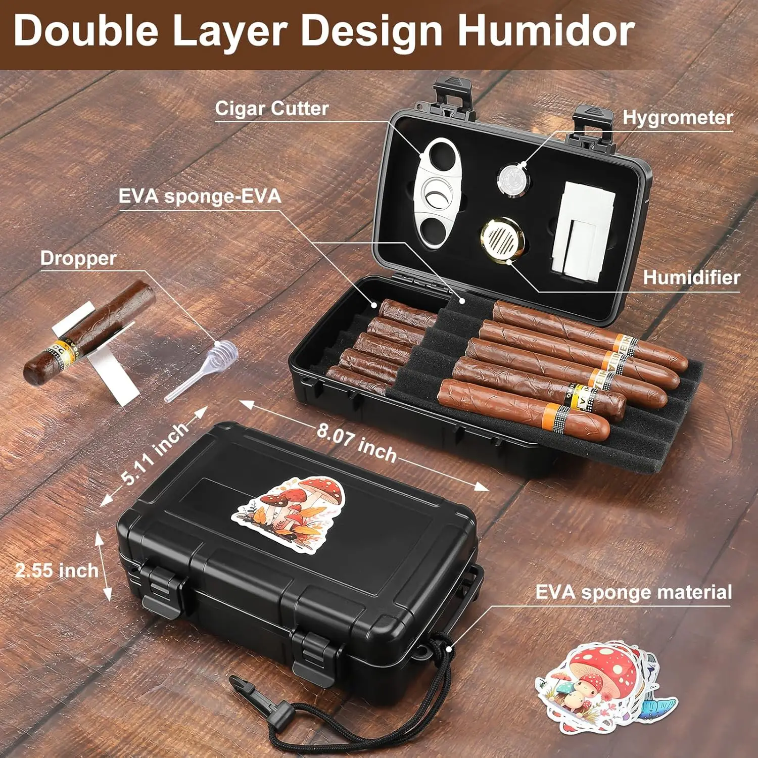 Portable Cigar Humidor Holds 10 Cigars with Cutter, Humidifier, Hygrometer - Travel Cigar Accessories Set for Men view 4