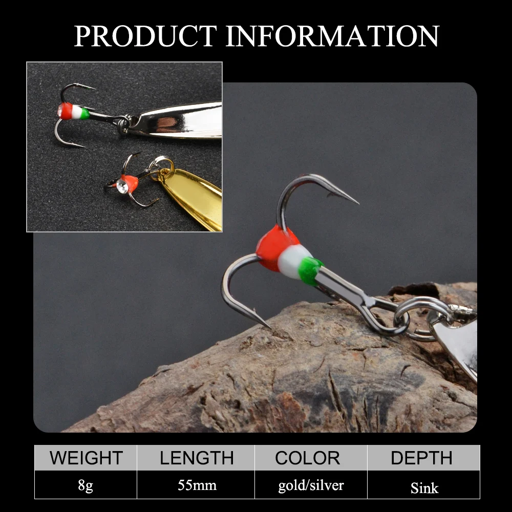 FTK Ice Fishing Lure Spoon 8g 55mm 1pcs Gold/Silver Allumen Fishing Bait Spinner Bait Treble Hook 10# Hard Lures