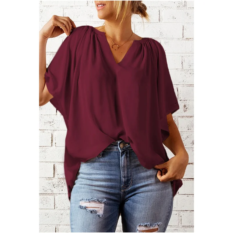 Summer Women's Casual T-irt Blouse Street Sle Loose Fit V-Ne ort Sve Polyester Chiffon Top for Middle-Aged Ladies