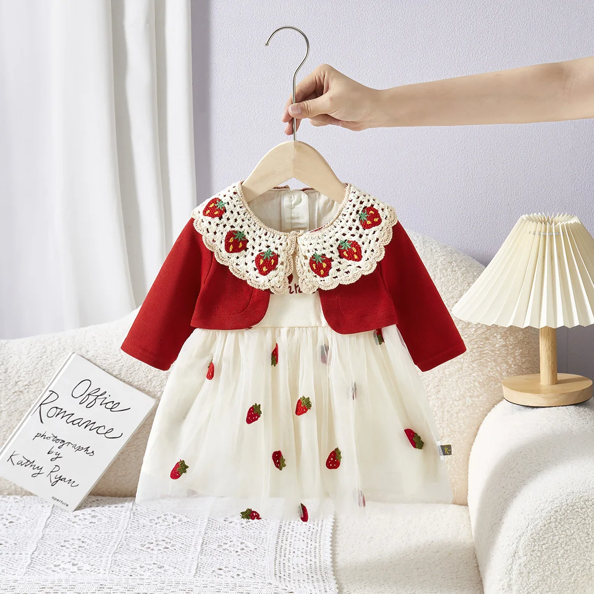 Spring Autumn Children's Strawberry Embroidery Mesh Princess Dress, Fake Two Piece Cardigan Little Princess Dress