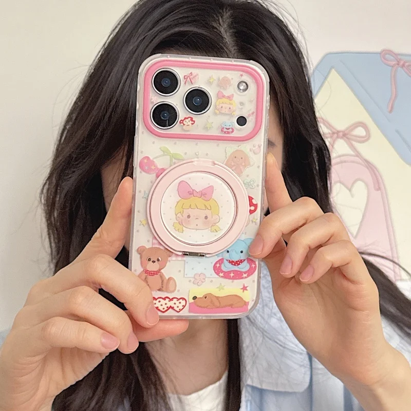 

Kawaii Cartoon Girl Bear Dog Phone Case For iPhone 17 Pro 16 15 14 Pro Max Back Cover with Ring Holder Cute Protective Cases Fun