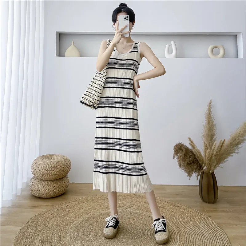 

Summer Casual Striped Knitted Tank Top Slip Dress For Women's Clothing 2024 New Summer O-neck Slim Sleeveless Strap Long Dresses