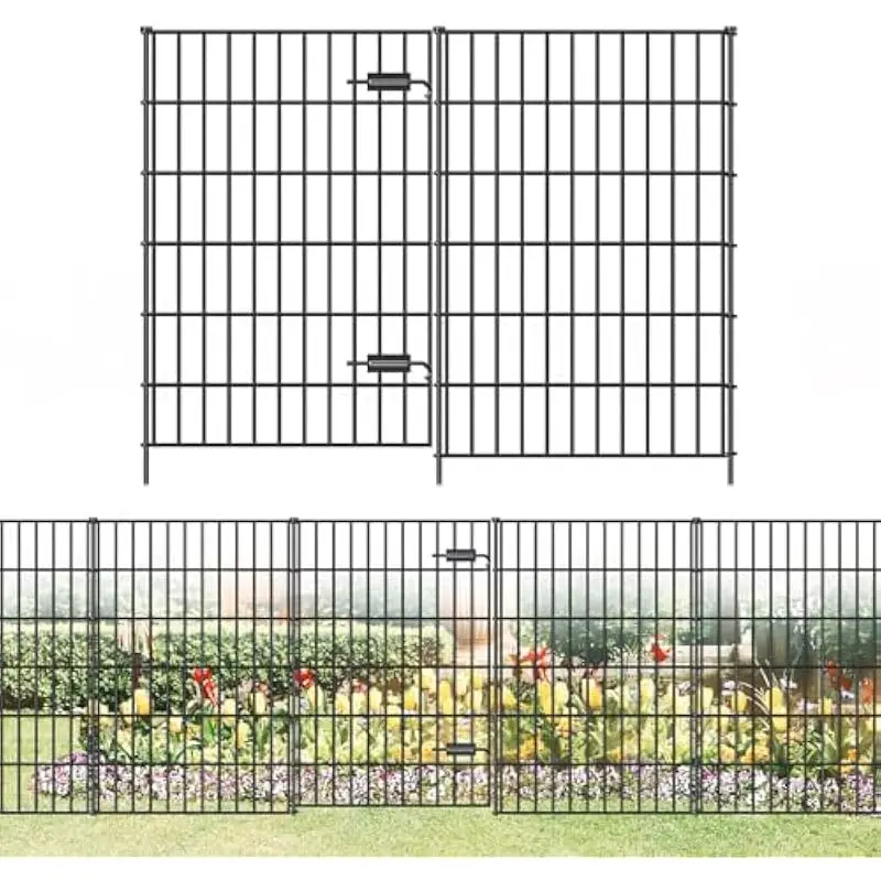 Metal Outdoor Fence System with Gate 40 in H x 23.3 ft L – Alloy Steel Construction Black Finish – 9 Panels 1 Gate 11 Ground Sta