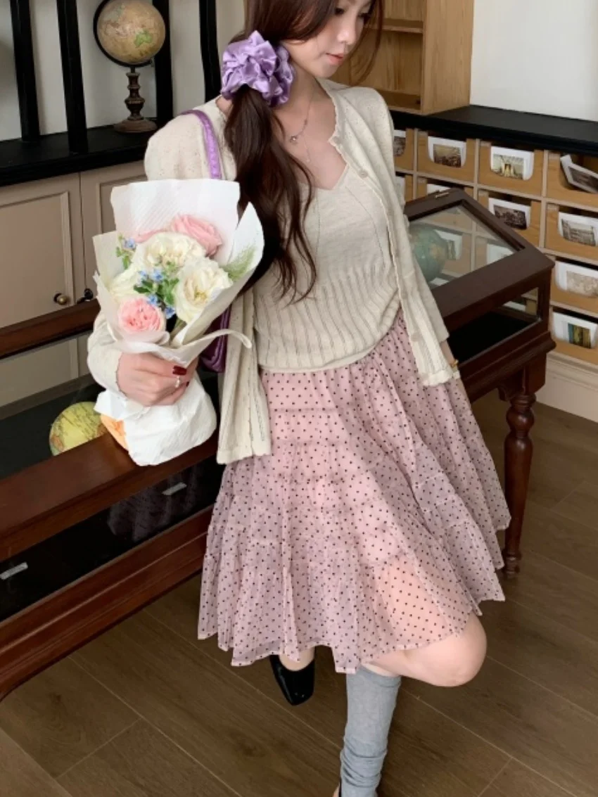 Alien Kitty Pink Dots Mini Skirts Women Vintage Chic New Fashion 2026 Casual Camping Summer Sweet Girls All Match Mujer Gentle