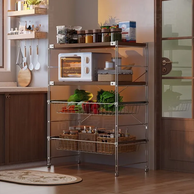 Floor to Ceiling Kitchen Storage Rack Multi Layer Pull Out Vegetable Organizer with Basket Movable Microwave Shelf Unit