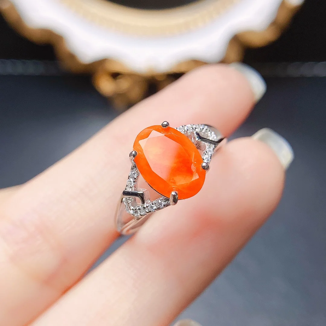 Oval 8x10mm Natural Orange Fire Opal Silver Ring in 925 Sterling Silver Engagement Promise Anniversary Rings For Women Gift