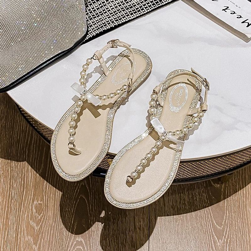 Plus size 42 43 women fashion pearls T-strap sandals flip flop beach shoes sweat ladies summer shoes wedding shoes flats sandals