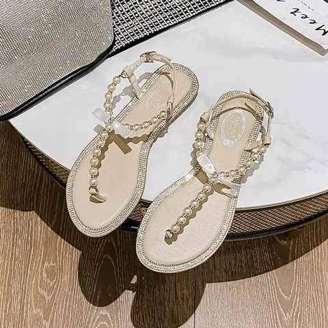 Plus size 42 43 women fashion pearls T-strap sandals flip flop beach shoes sweat ladies summer shoes wedding shoes flats sandals