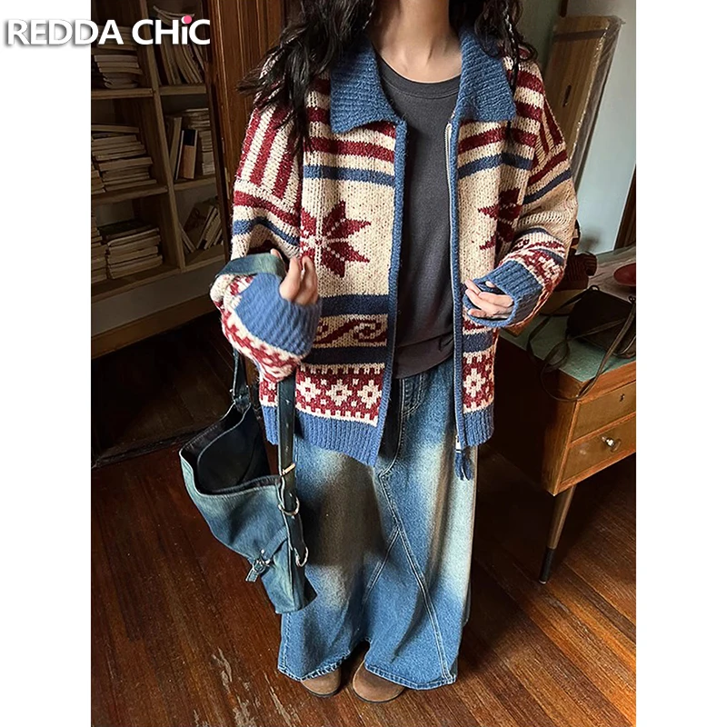 REDDACHiC Retro Fair Isle Cardigan Sweater Women Lapel Long Sleeves Zip Up Oversize Chunky Knit Jacket Coat Warm Winter Clothes