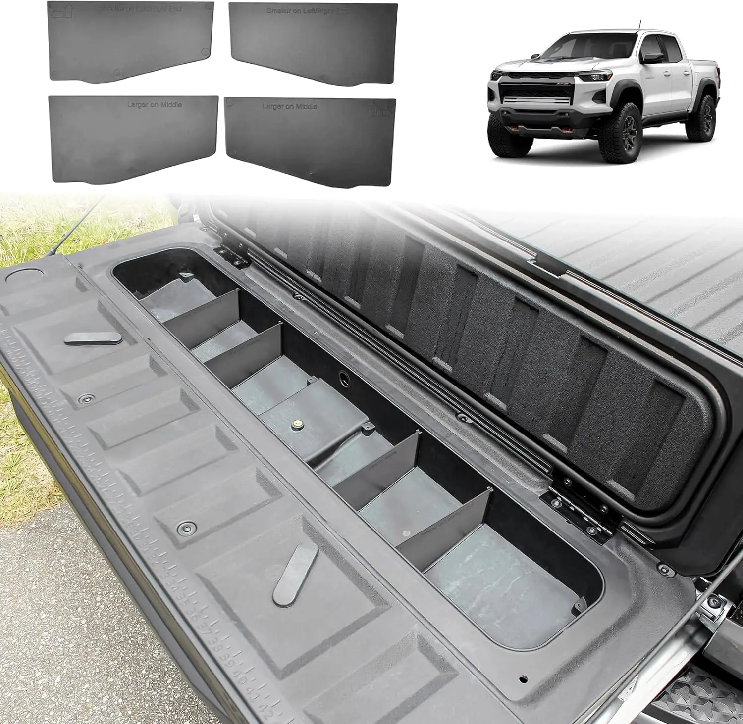 

Tucknbox Tailgate Storage Dividers for Chevy Colorado/GMC Canyon 2025 2024 2023 Accessories 4PCS Black Truck Bed Organizer Tray