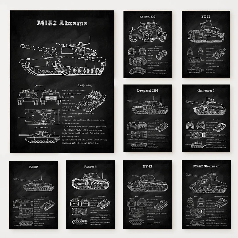 Tanks Blueprint Black Poster German Heavy Tank US Army World War Canvas Painting Wall Art for Living Room Home Decoration Mur