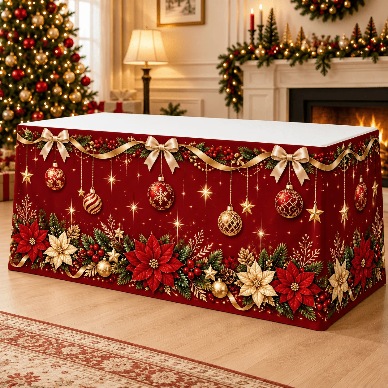 1 table skirt, full of red and gold Christmas atmosphere! Golden bow, Christmas ball and red and white flower print