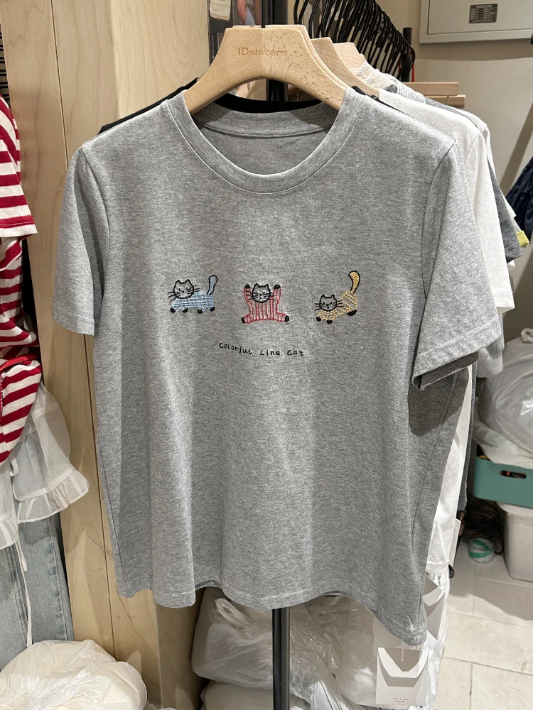 

Футболка женская летняя из плотного чистого хлопка с милой вышивкой, свободного кроя, повседневная, для пар, с эффектом похудения