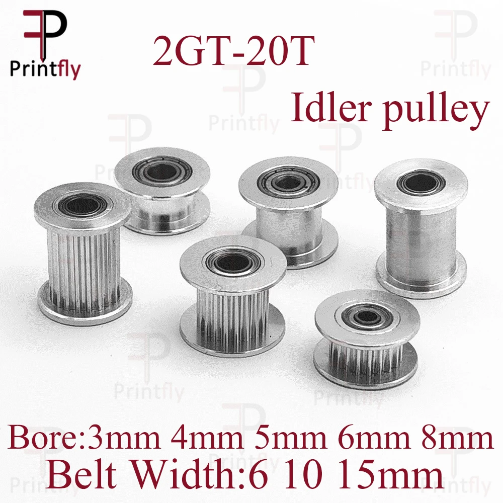 Printfly 2GT Idler Pulley 20 Teeth Bore 3 4 5 6 8 mm width Bearing Timing belt For 6 10 15mm 3D Printer Accessories Tensioning