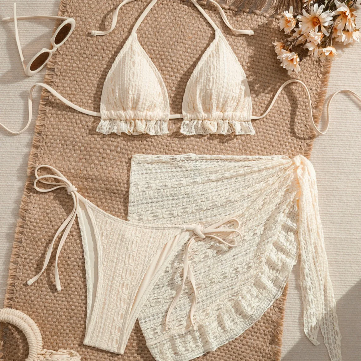 

2026 New Sexy Bikini Three-piece Set Gauze Skirt Women's Summer Halter Neck Solid Color Swimsuit