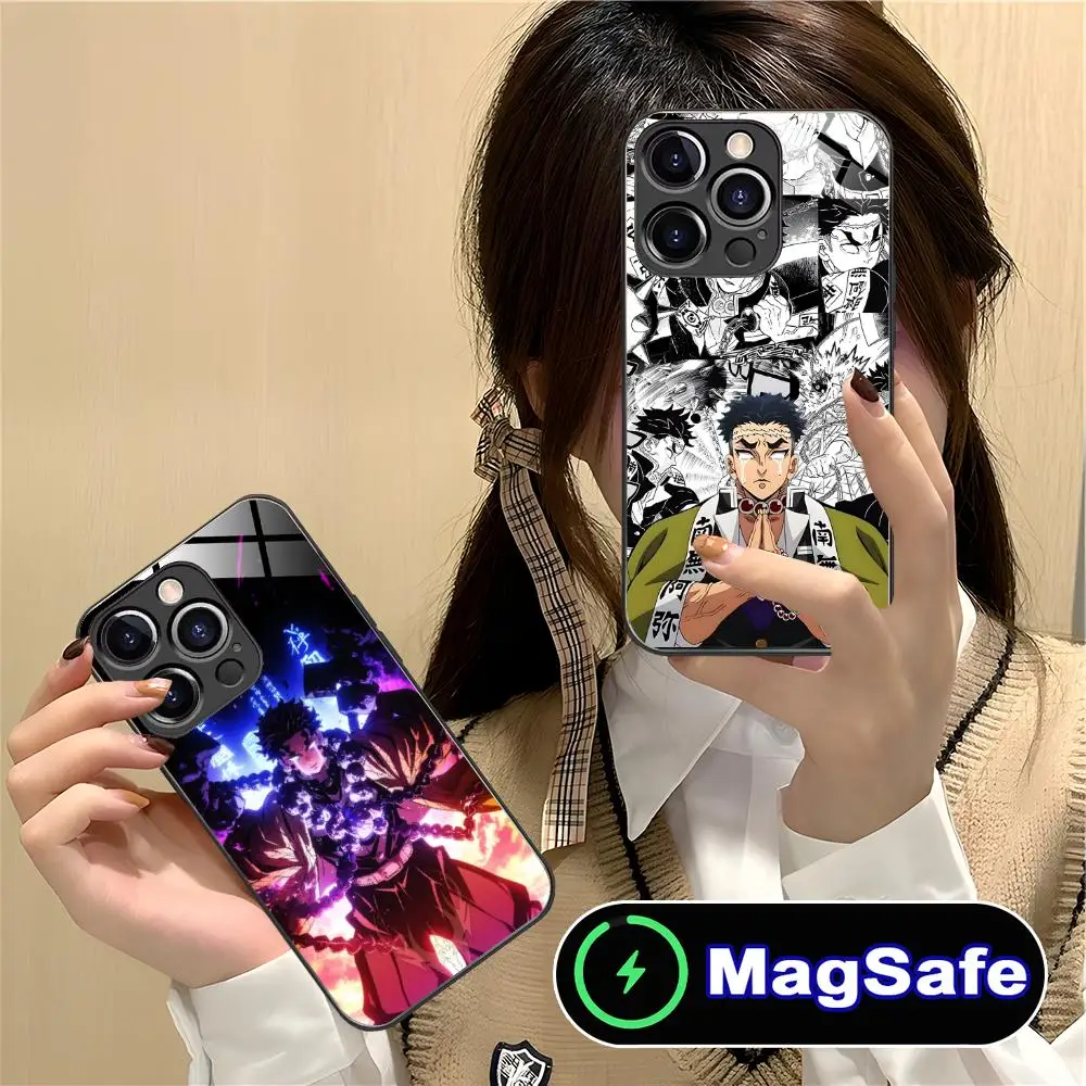 حافظة هاتف Demon Slayer Gyomei لهاتف آيفون 16 15 14 13 12 11 Pro Max Plus Mini MagSafe غطاء حماية بلون زجاجي للهواتف الذكية