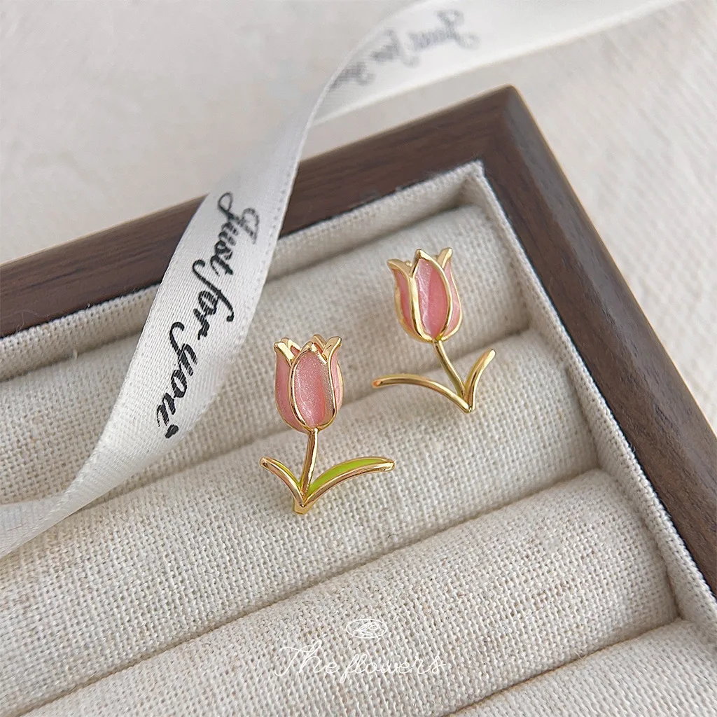 2 Pcs Fresh Sweet Tulip Flower Y2K Creative Luxury Enamel Drip Oil Copper Multicolour Stud Earrings Women Daily Party Gift