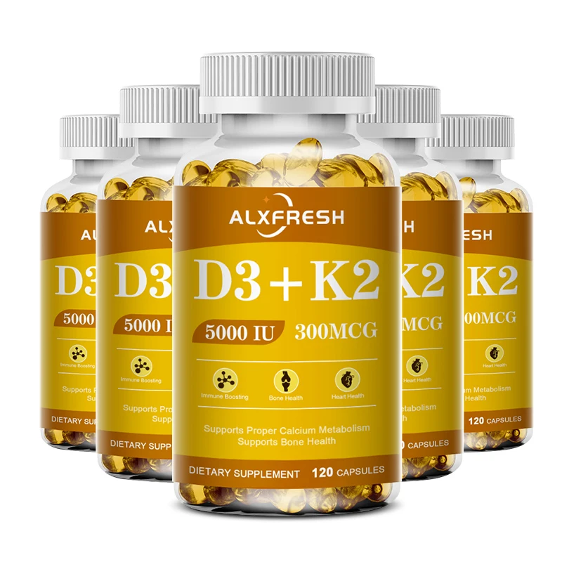 Vitamin D3+K2 5000 IU 300 MCG Vitamins Capsules | Non-GMO, Vegan, Nutural, Gluten-free | Health Supplement