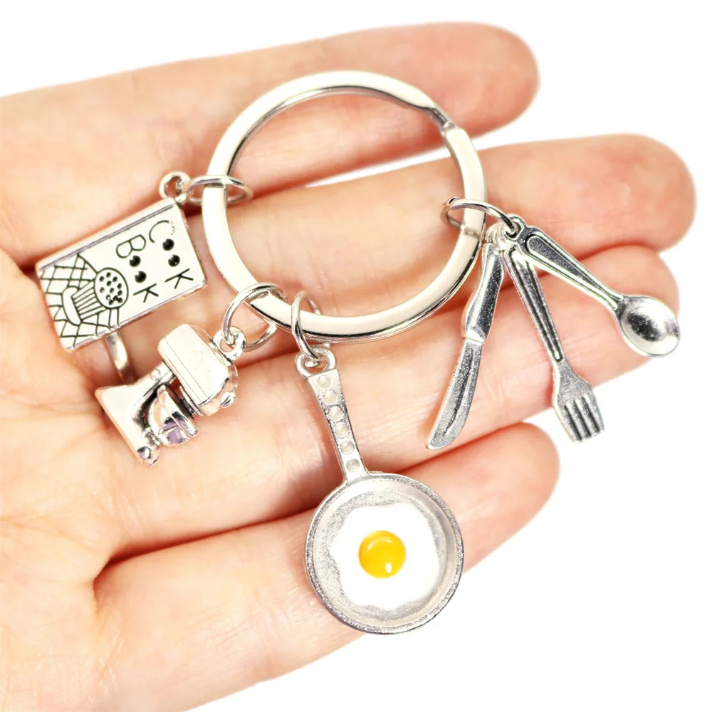 Fashion Kitchen Home Cooking Key Ring Fried Egg Pan Cook Book Tableware Key Chain Small Charm Chef Bread Cake Maker Keychain