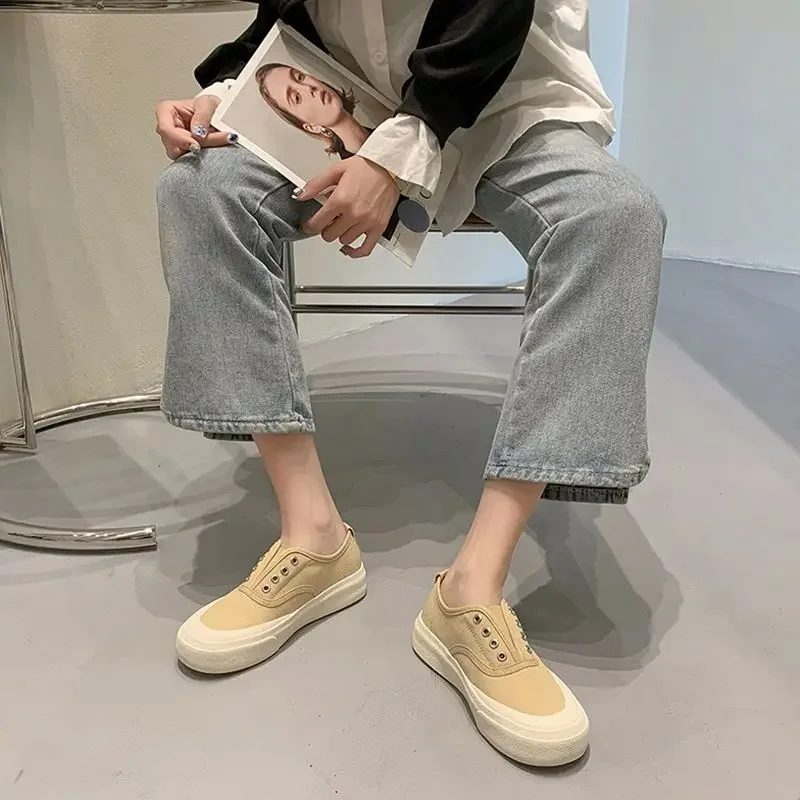 Round Toe Female Footwear Canvas Women\'s Shoes Slip on Flat Casual Sneaker Trends 2024 High Quality Cotton Korean Daily Routine