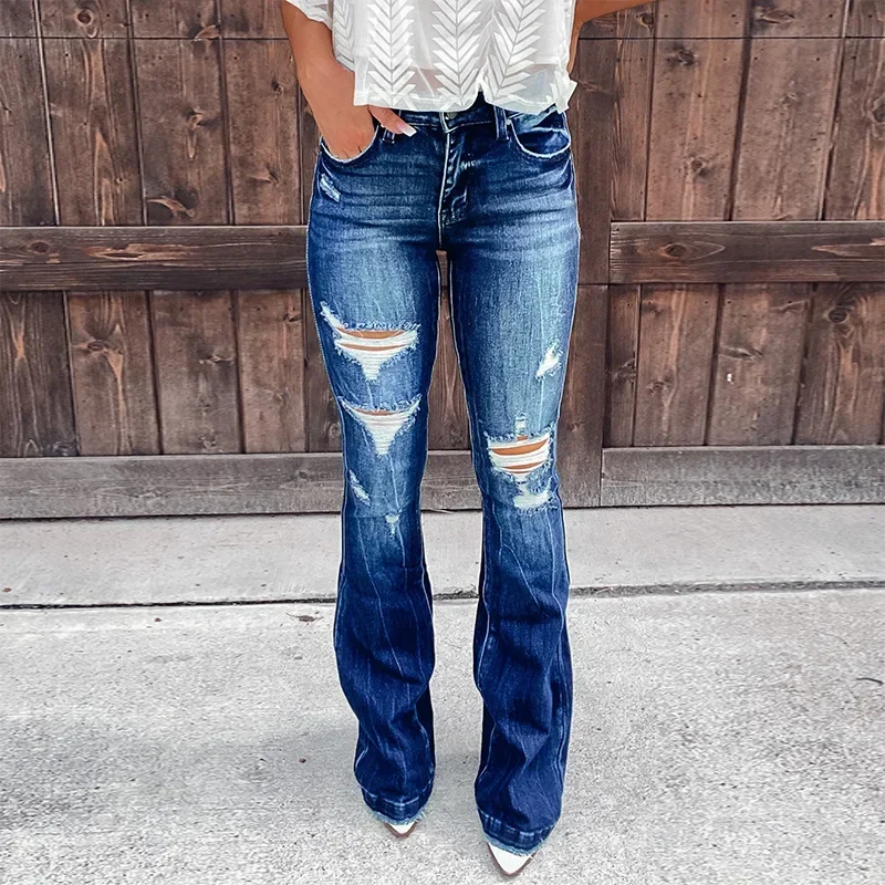

New Women's Jeans Temperament Ripped and Slightly Pulled Casual Pants