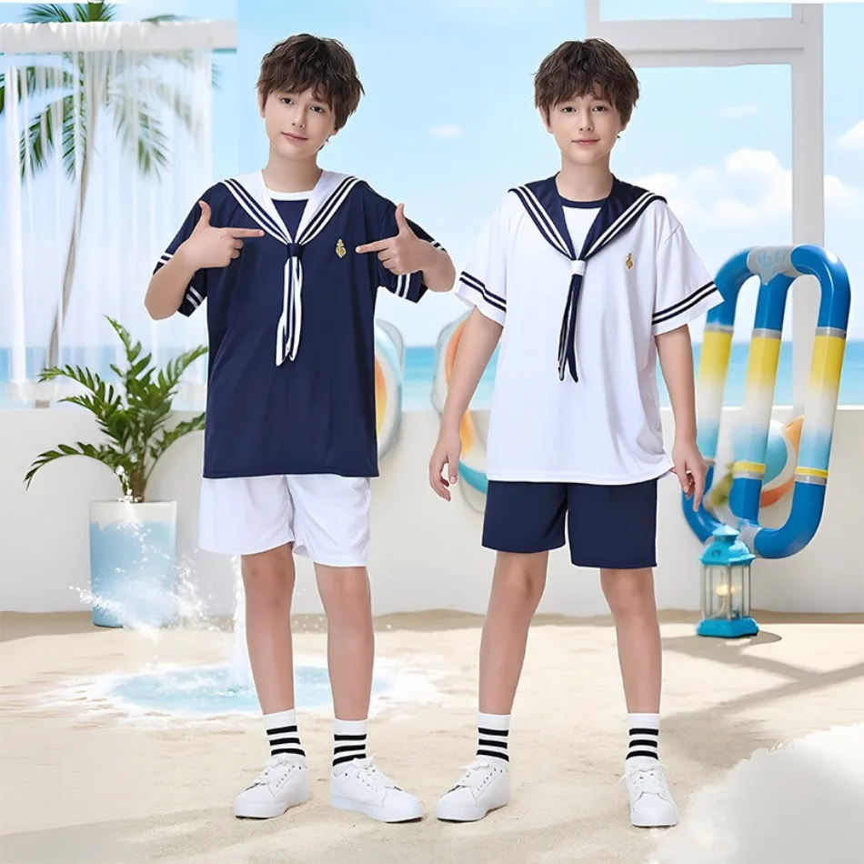 

Kids British Preppy Style Boys Summer Suit Navy Collar Short-sleeved Shorts A Variety of Outfits Fashionable Stage Outfits PS66