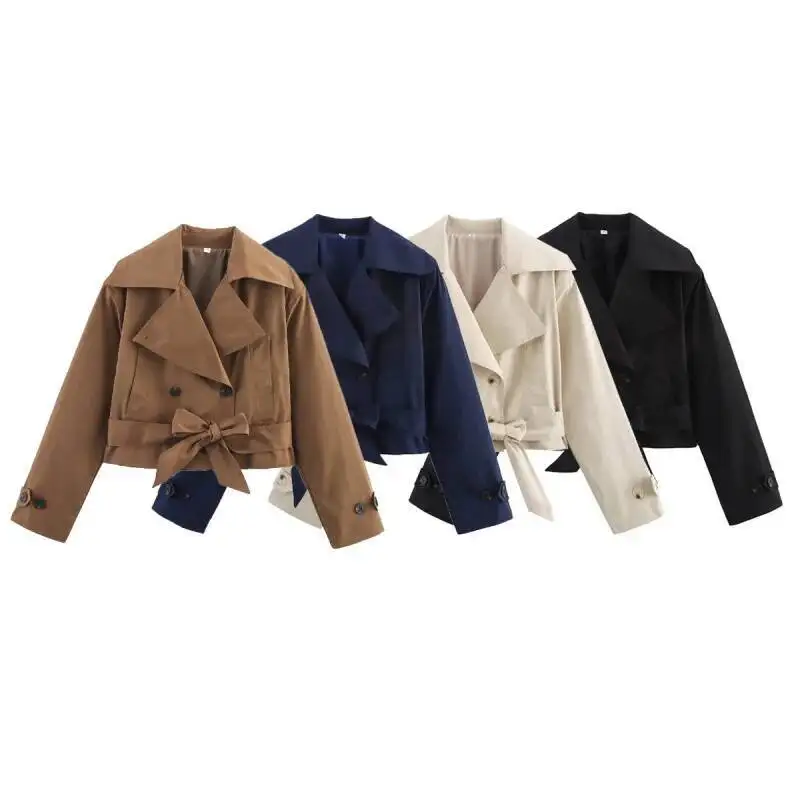 2025 New Women's British Wind Trench Style Double-Breasted Long Sleeve Belt Lapel Jacket Short Coat