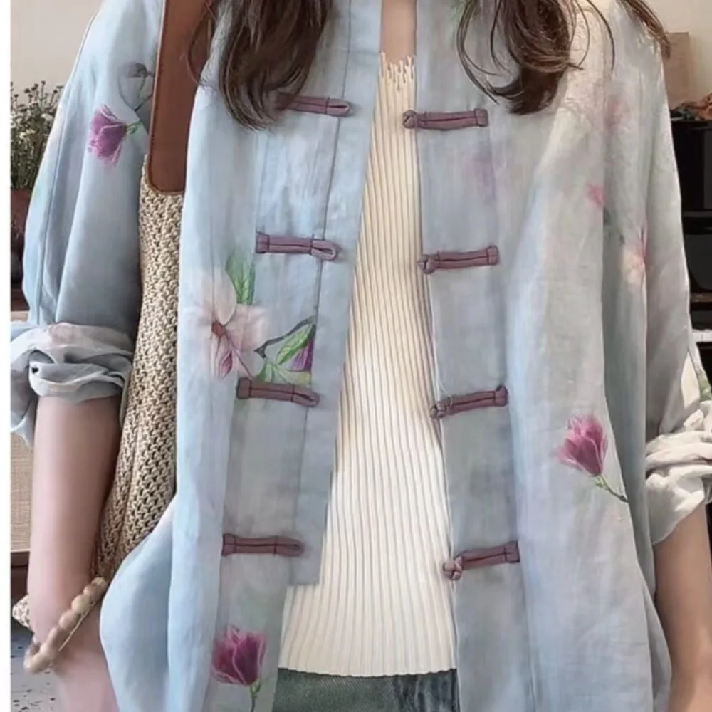 

New Chinese Style Small Jacket Top Literary National Style Print Contrast Color Button Shirt Women