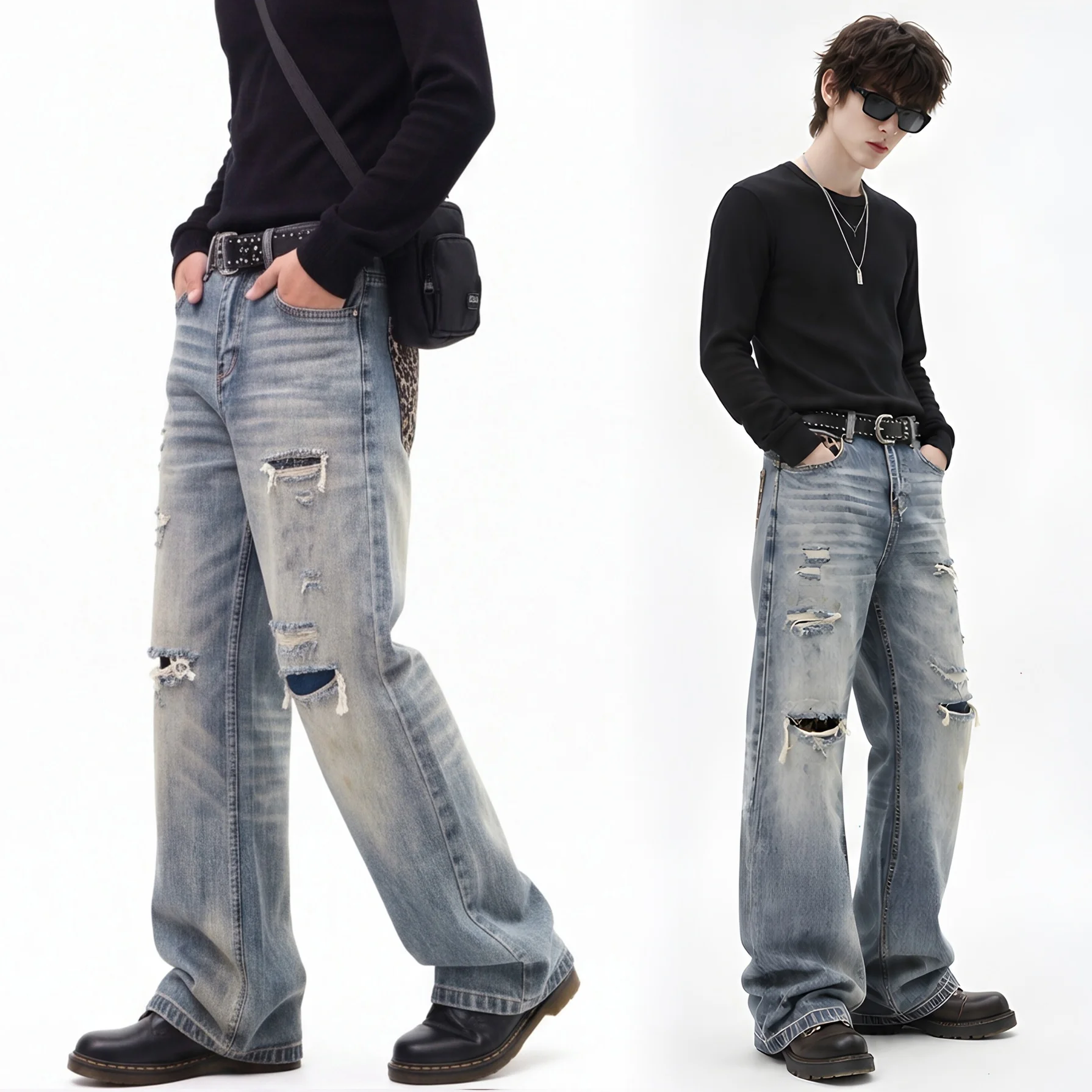 American Retro Baggy Men's Jeans Ripped Cargo Work Style Denim Pants Loose Straight Vintage Trousers Streetwear Autumn Winter