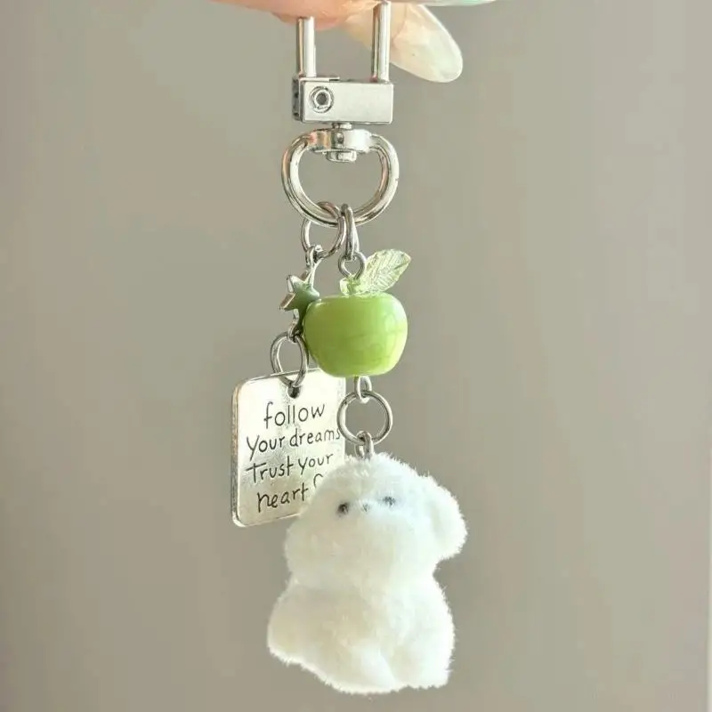 Niedlicher beflockter Hirsch-Schlüsselanhänger mit Verschluss, Perlenschleife und Blumenanhängern, perfekt zur Taschendekoration und als tägliches Geschenk für Frauen und Mädchen. – Detail 4