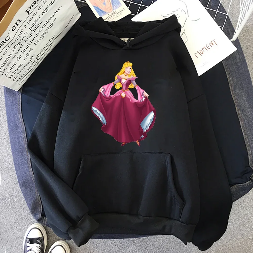 Kawaii Women Black Hoodies Disney Princess Alice Cartoon Print Harajuku Autumn New High Street Casual Pullovers Sweatshirts Tops