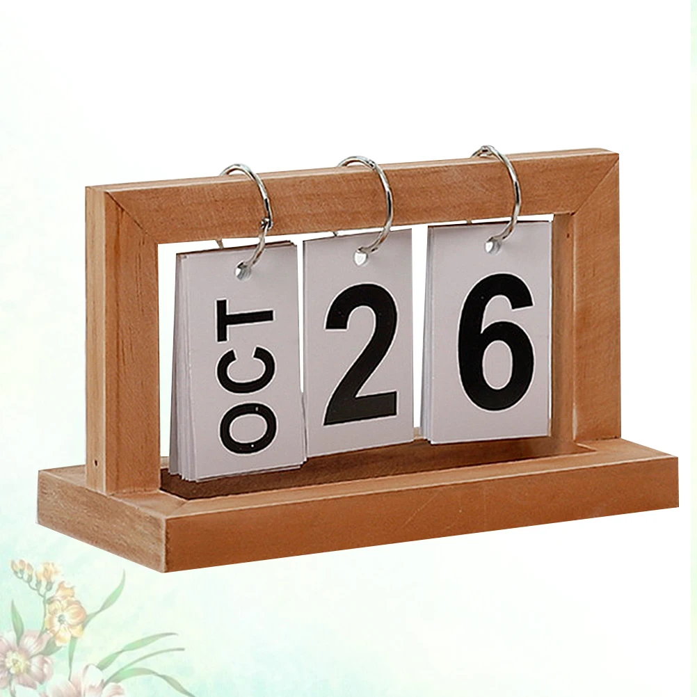 Calendário flip de madeira original, display manual de data, decoração de mesa de madeira diy para escritório doméstico, produto de impressão cáqui