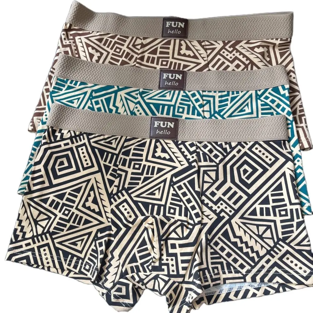 3 szt. Oddychające Plus Size męskie bokserki w paski bezszwowe majtki z nadrukiem średnio wysoka talia spodenki w stylu etnicznym kalesony męskie