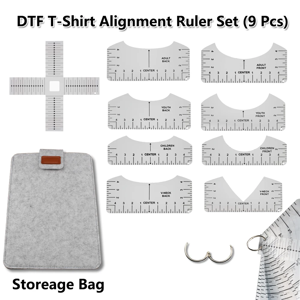 DTF Garment Alignment Ruler Acrylic T-Shirt Making Ruler Guide to Center Designs for Vinyl HTV Alignment Tool With Felt Bag