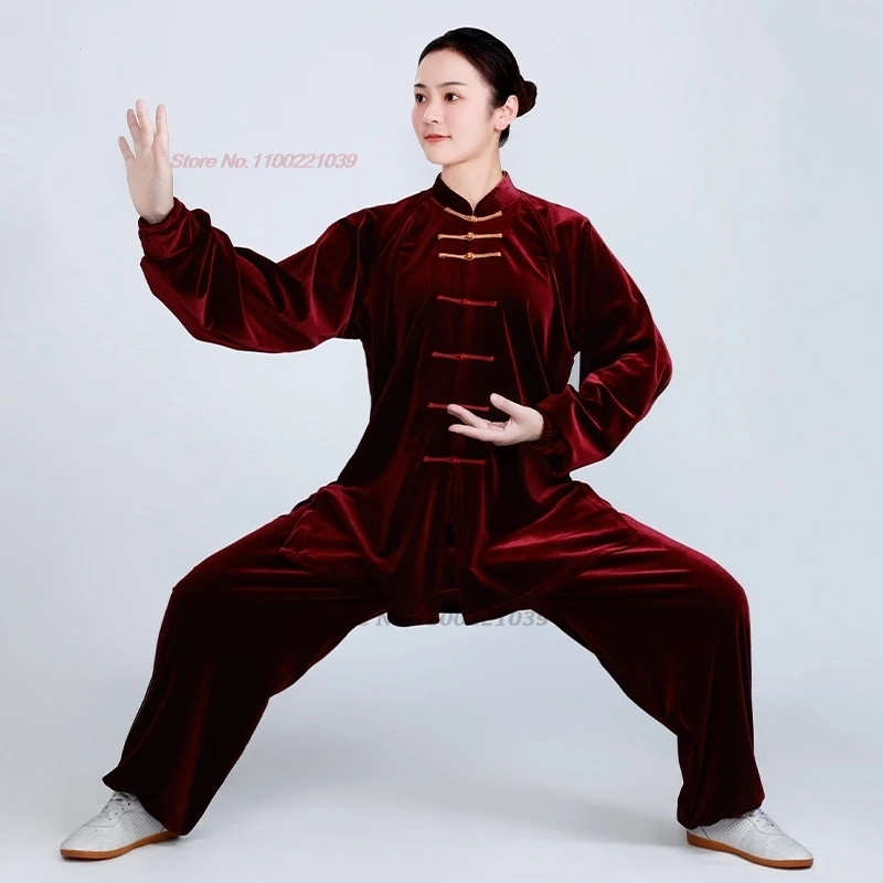 

2025 chinese vintage kung fu tai chi martial arts taijiquan thickened velvet‌ tops+pants set wushu training exercise practice