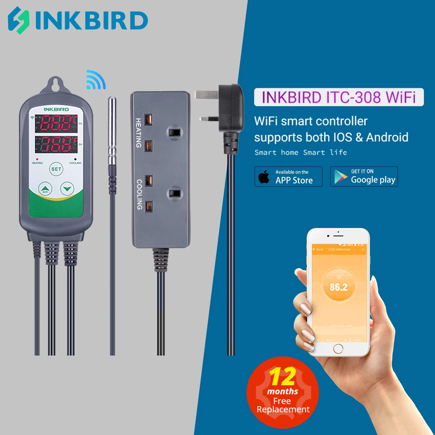 INKBIRD Smart Thermostat Dual Relay Temperature Controller ITC-308-WIFI Supports IOS & Android for Greenhouse,Terrarium,Carboy