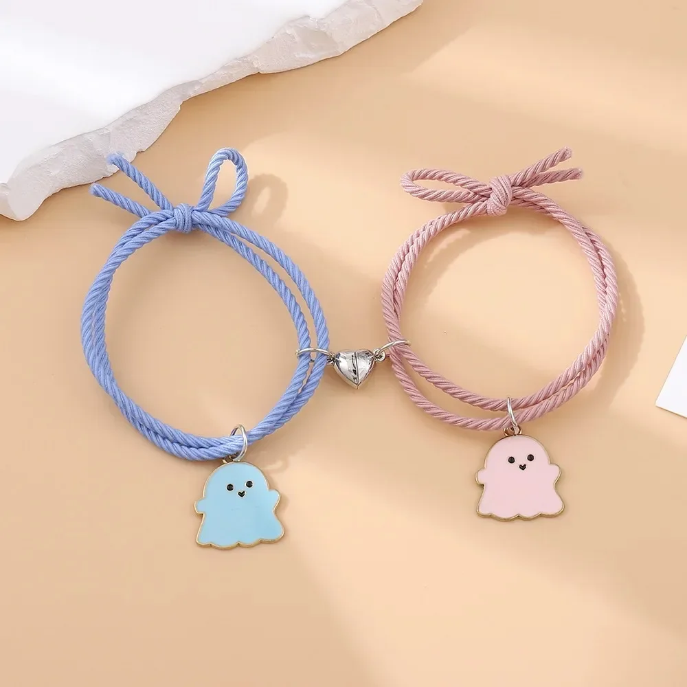 Halloween 2Pcs/Set Ghost Braided Bracelet for Lovers Long Distance Heart Magnet Couple Bracelets Friendship Fashion Jewelry Gift