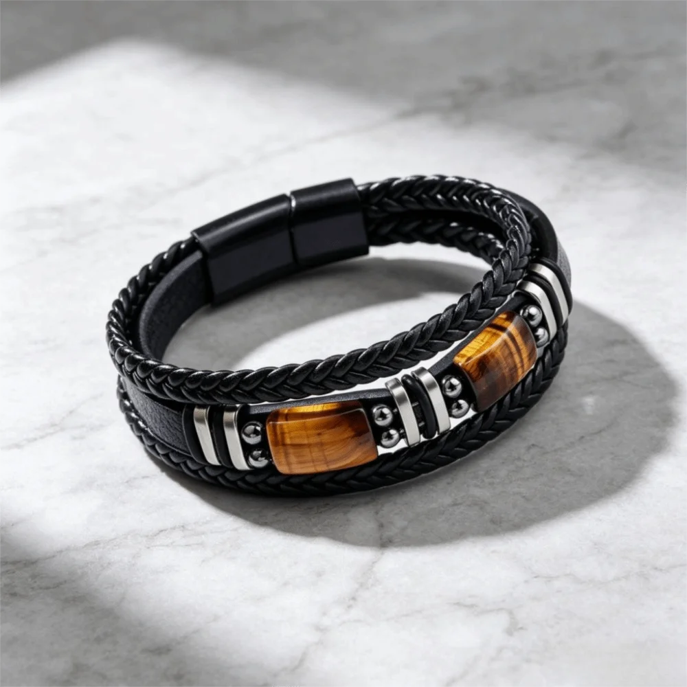 Wristband Bracelet Multi-Layer Tiger Eye Stone Bracelet Braided Adjustabl Leather Bracelet Handmade Retro Beaded Bracelet Men