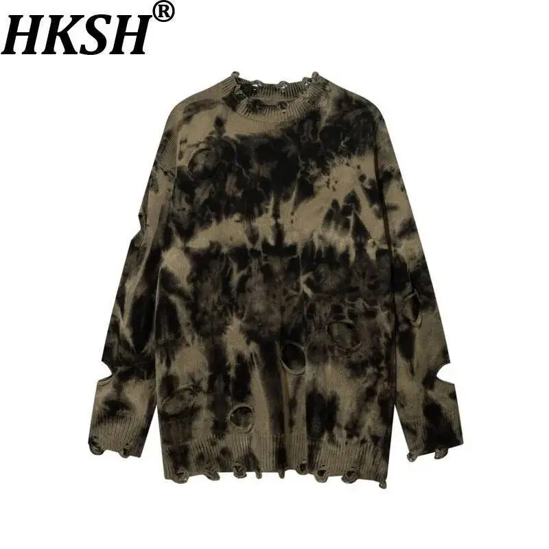 

HKSH Spring Autumn New Men's Tide Hip-Hop Tie-Dyed Crew Neck Sweater Vintage Holes Casual Trendy Chic Ins Vibe Pullover HK23924