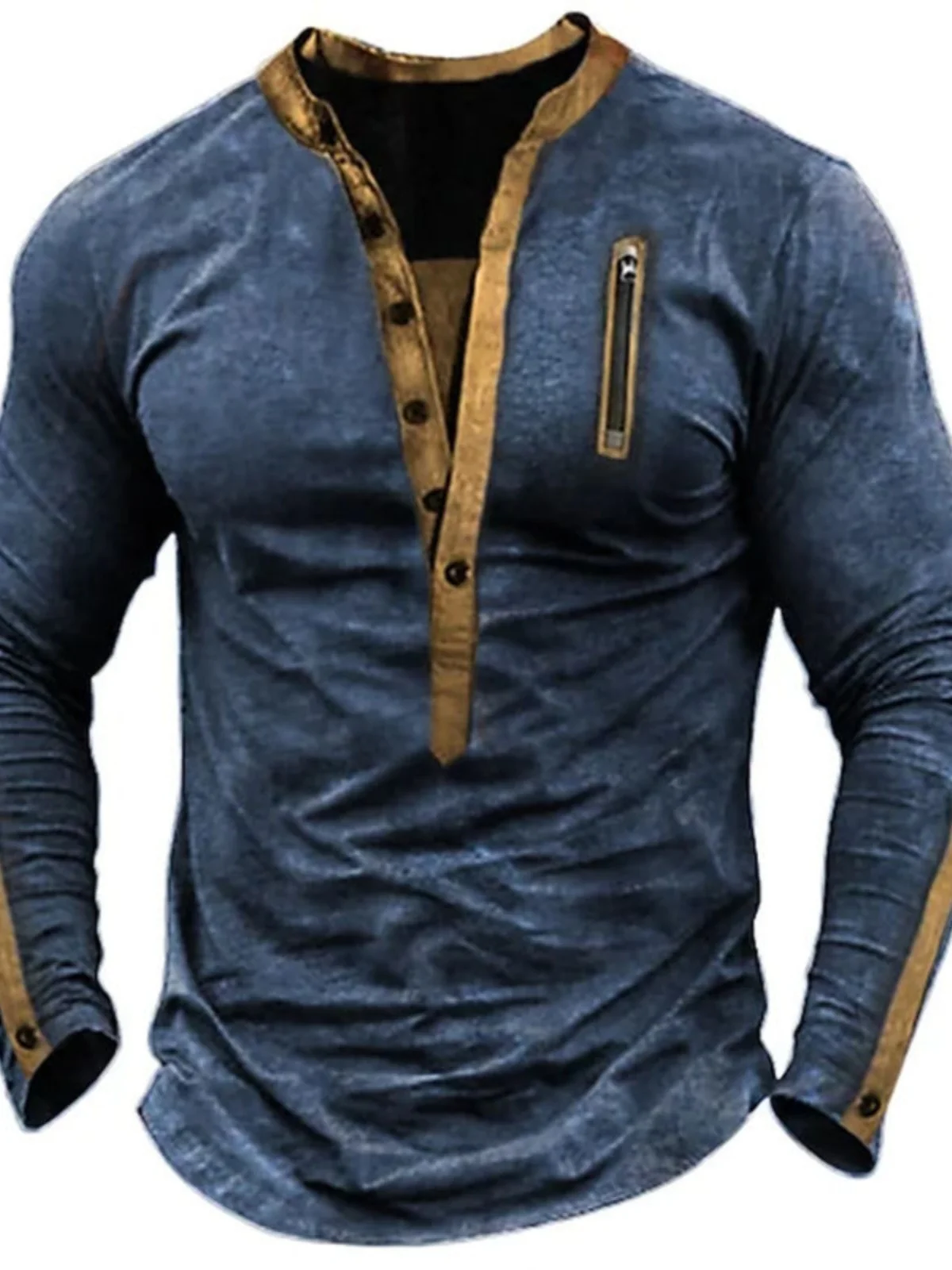 

High-End Men's Outdoor Contrast Color Henry T-irt Loose Fit Youth Faion Sun Protection Long Sve V-Ne Regular Length