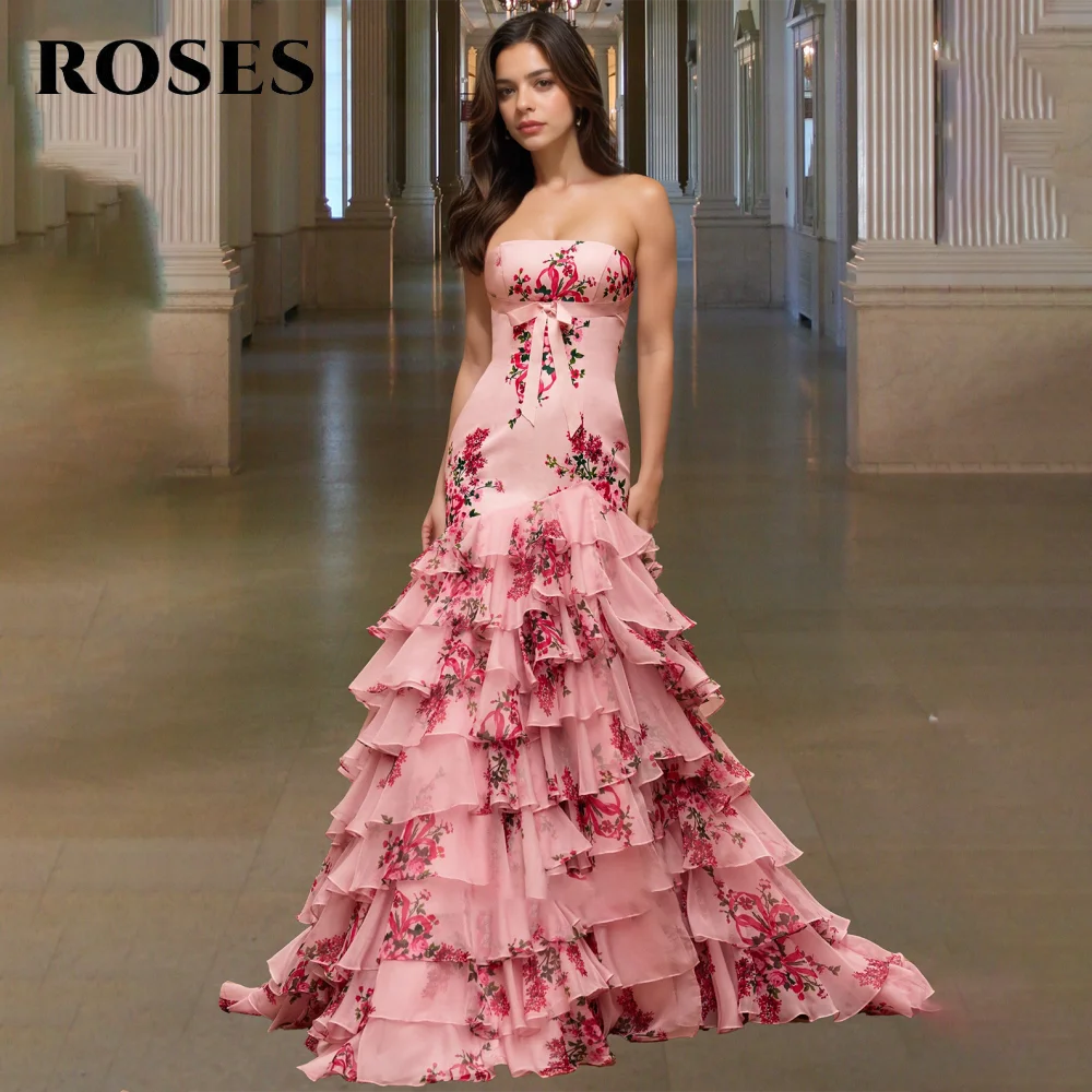 

ROSES вечерние платья без бретелек с розовыми цветами для женщин, плиссированные ночные платья без рукавов, многоуровневые вечерние платья по индивидуальному заказу