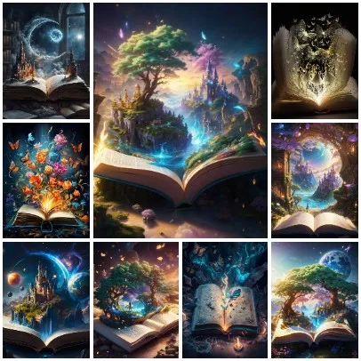 5D DIY Magisches Offenes Buch Fantasy-Landschaft Diamantmalerei, Verzaubertes Schloss & Antiker Baum Kombination Wanddekoration für Zuhause